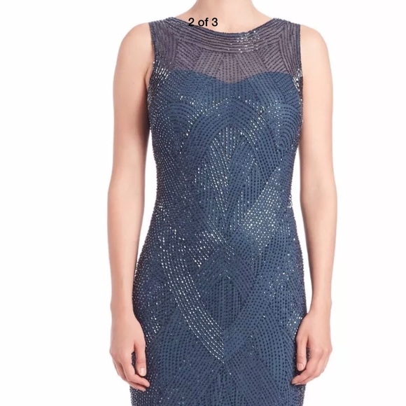 NWT $485 Aidan Mattox [ 2 US ] Riviera‎ Beaded Illusion Top Gown in Blue - Picture 2 of 6
